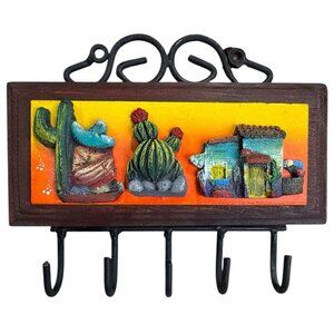 Mexican Folk Art Wood / Metal 3D Pueblo Cactus Wall Key Holder
